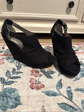 Fergalicious Black Peep-Toe Slingback Wedges